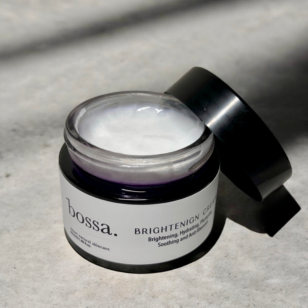 Flat lay of Bossa Brightening Cream with lightweight texture and minimalist packaging